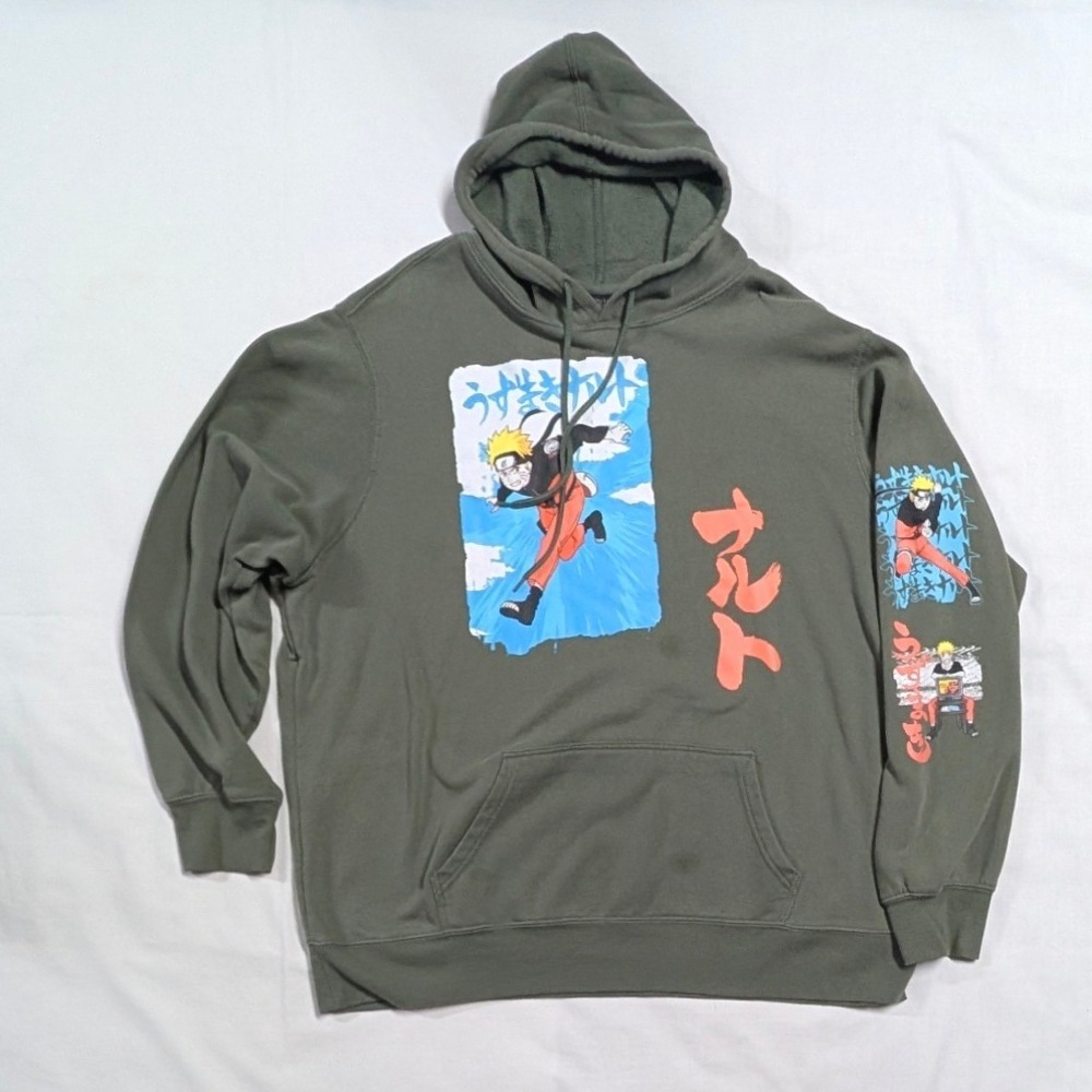 Naruto Shippuden Collection Graphic Hoodie Olive Green Mens 2XL Anime Sweatshirt